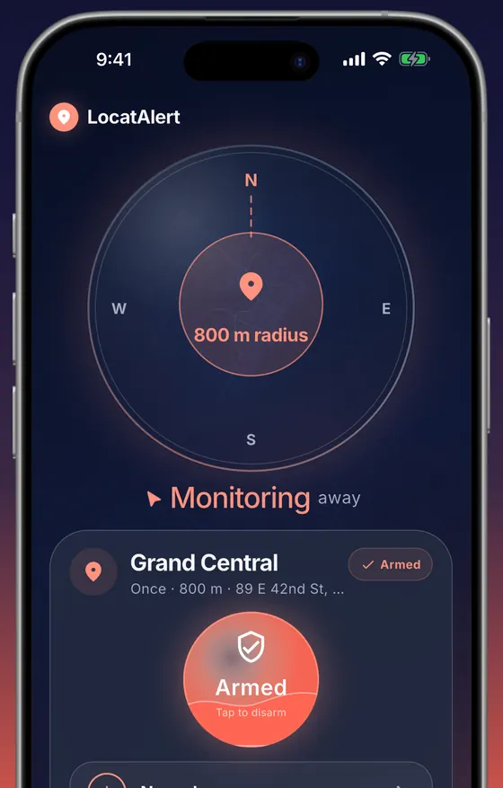 Alarms screen: a compass-style ring shows the 800 m radius around Grand Central with the distance still to go, and the alarm card shows Once, 800 m, Armed.