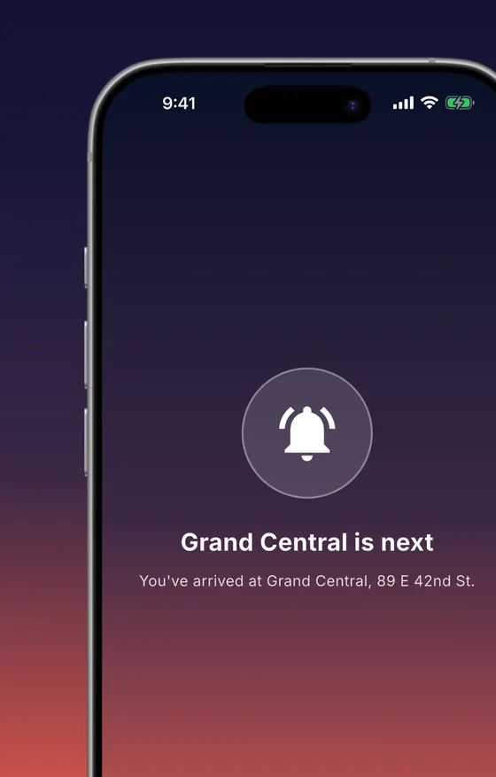 Ringing screen: a bell inside a soft ring with the message Grand Central is next, you have arrived at Grand Central, 89 E 42nd St.