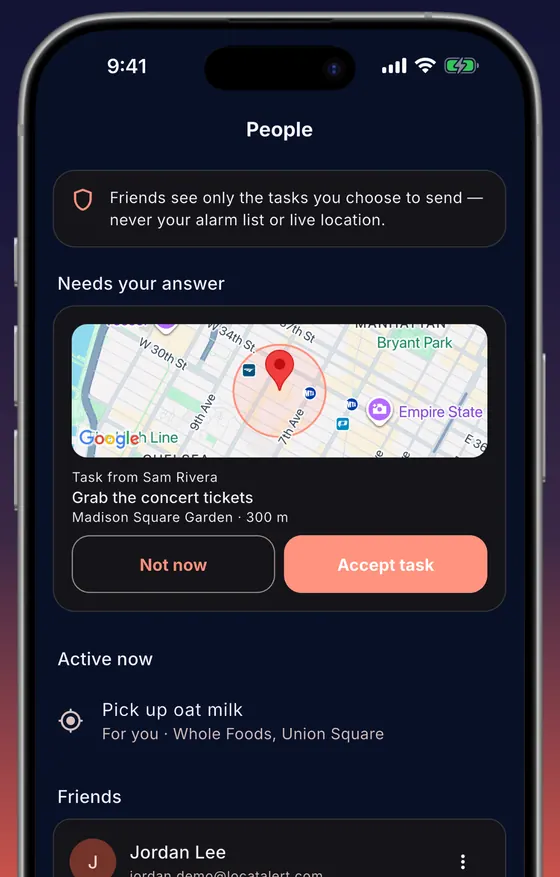 People screen: a note says friends see only the tasks you choose to send, never your alarm list or live location, above a task from Sam Rivera to grab the concert tickets at Madison Square Garden with Not now and Accept task buttons.