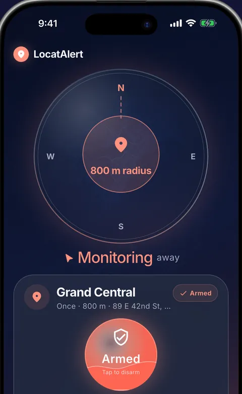 LocatAlert on a phone: an armed alarm 800 m around Grand Central with a Tap to disarm button